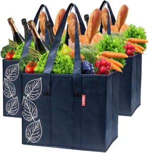PLANET E Reusable Foldable Grocery Bags with Reinforced Bottoms (Pack of 3, Navy)