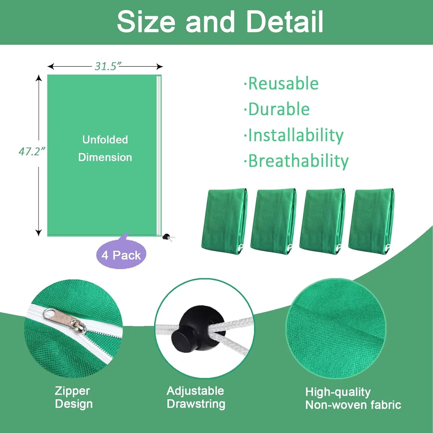 Plant Covers Freeze Protection,31.5''×47.2'', 4 Packs, Reusable Plant Protector Bag with Zipper and Drawstring for Outdoor Shrub Fruit Tree, Green