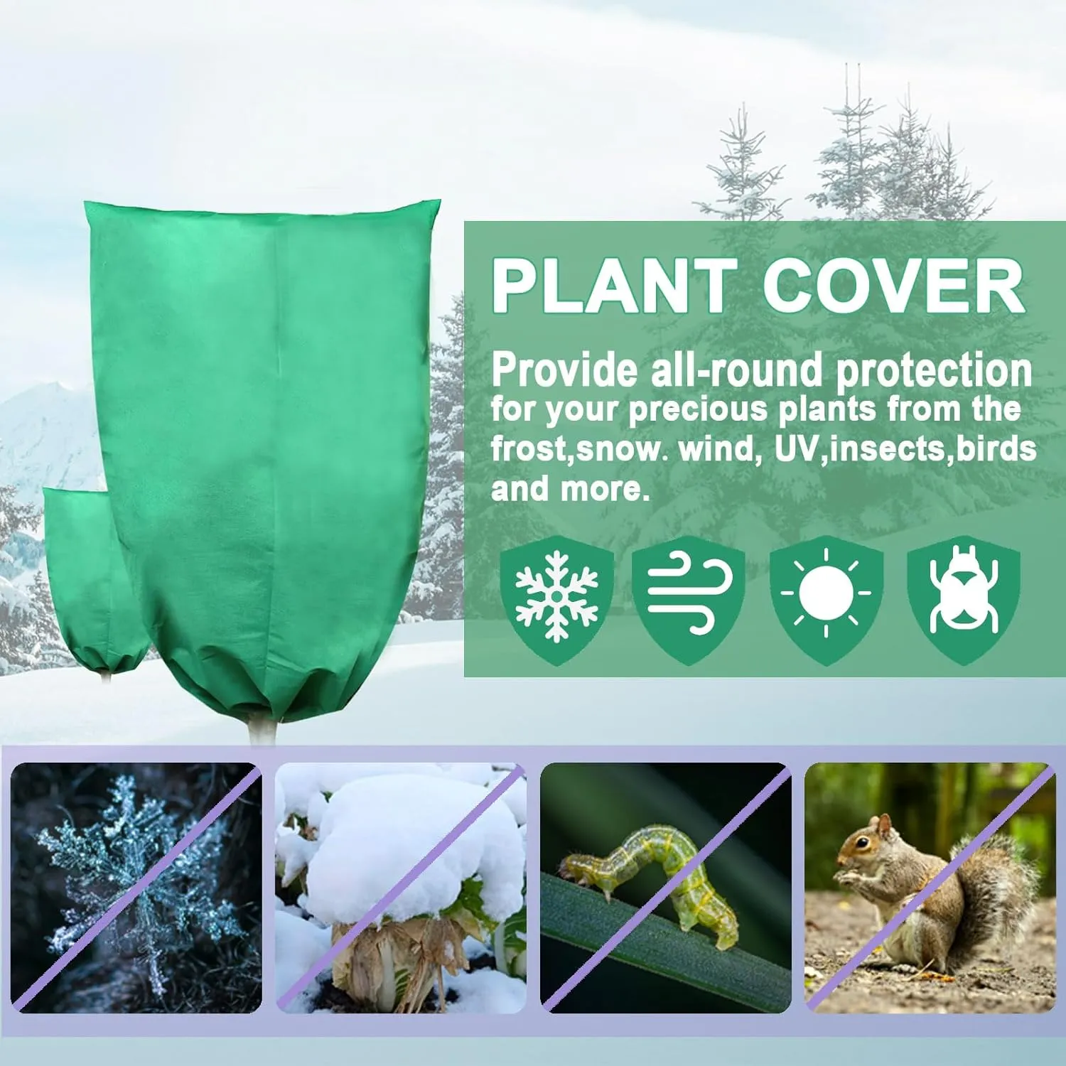 Plant Covers Freeze Protection,31.5''×47.2'', 4 Packs, Reusable Plant Protector Bag with Zipper and Drawstring for Outdoor Shrub Fruit Tree, Green
