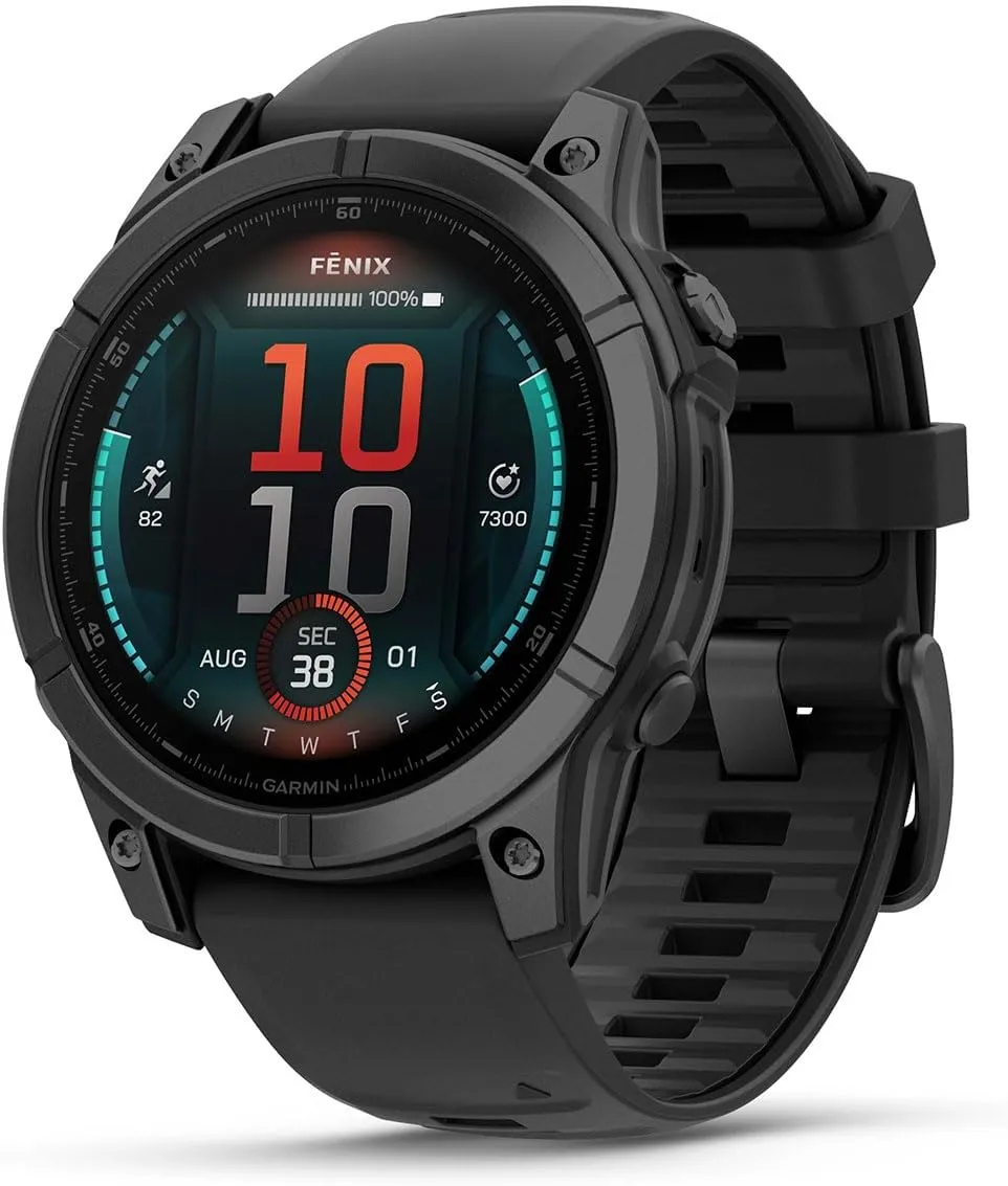 PlayBetter Garmin Fenix E (Slate Gray Steel/Black) Premium Multisport GPS Smartwatch Gift Box Bundle - AMOLED Display, Long Battery Life Portable Charger, HD Screen Protectors, Adapter, Case