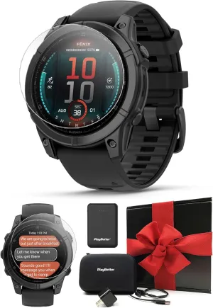 PlayBetter Garmin Fenix E (Slate Gray Steel/Black) Premium Multisport GPS Smartwatch Gift Box Bundle - AMOLED Display, Long Battery Life Portable Charger, HD Screen Protectors, Adapter, Case