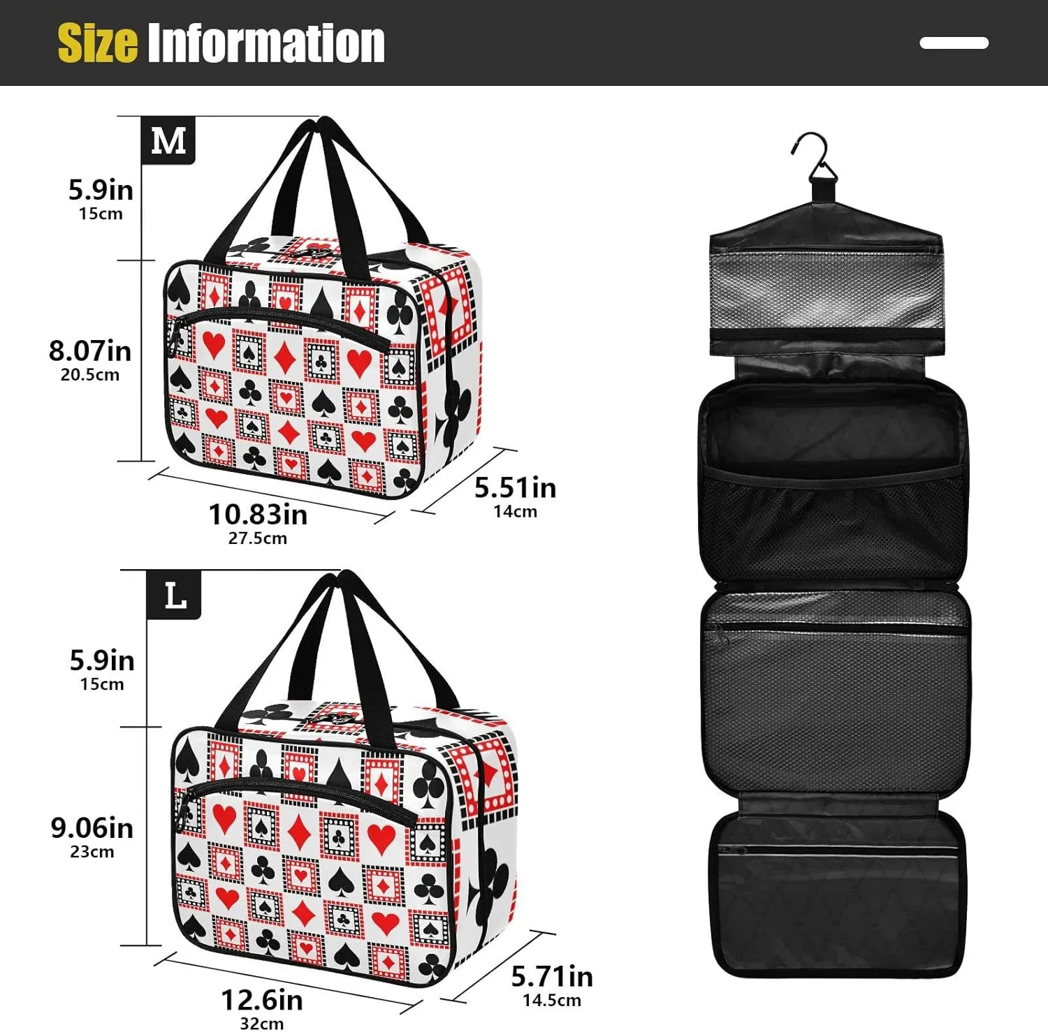 Playing Cards Bright Red, Black, White Symmetrical Geometric Women's Portable Makeup Bag with Handle Cosmetic Bag, Twill Cloth Travel Cosmetic Bag, Polyester Toiletry Bag for Women M Size
