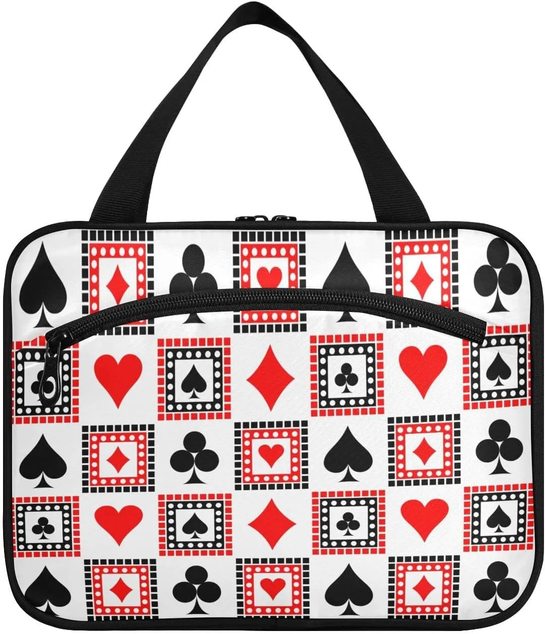 Playing Cards Bright Red, Black, White Symmetrical Geometric Women's Portable Makeup Bag with Handle Cosmetic Bag, Twill Cloth Travel Cosmetic Bag, Polyester Toiletry Bag for Women M Size