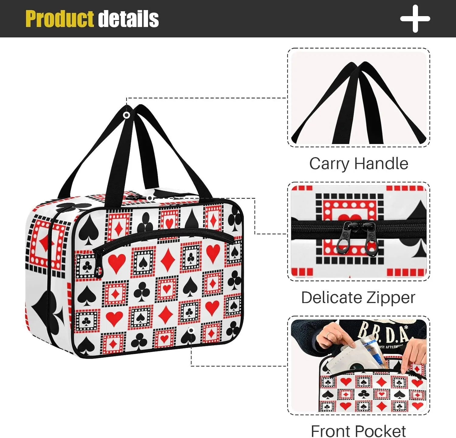 Playing Cards Bright Red, Black, White Symmetrical Geometric Women's Portable Makeup Bag with Handle Cosmetic Bag, Twill Cloth Travel Cosmetic Bag, Polyester Toiletry Bag for Women M Size
