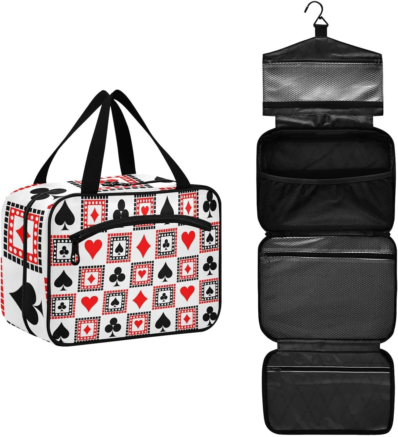 Playing Cards Bright Red, Black, White Symmetrical Geometric Women's Portable Makeup Bag with Handle Cosmetic Bag, Twill Cloth Travel Cosmetic Bag, Polyester Toiletry Bag for Women M Size