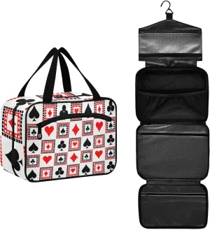 Playing Cards Bright Red, Black, White Symmetrical Geometric Women's Portable Makeup Bag with Handle Cosmetic Bag, Twill Cloth Travel Cosmetic Bag, Polyester Toiletry Bag for Women M Size
