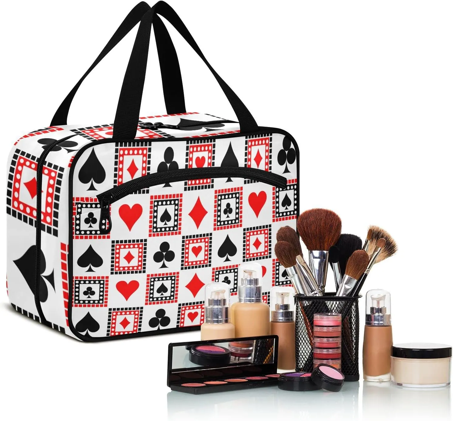 Playing Cards Bright Red, Black, White Symmetrical Geometric Women's Portable Makeup Bag with Handle Cosmetic Bag, Twill Cloth Travel Cosmetic Bag, Polyester Toiletry Bag for Women M Size