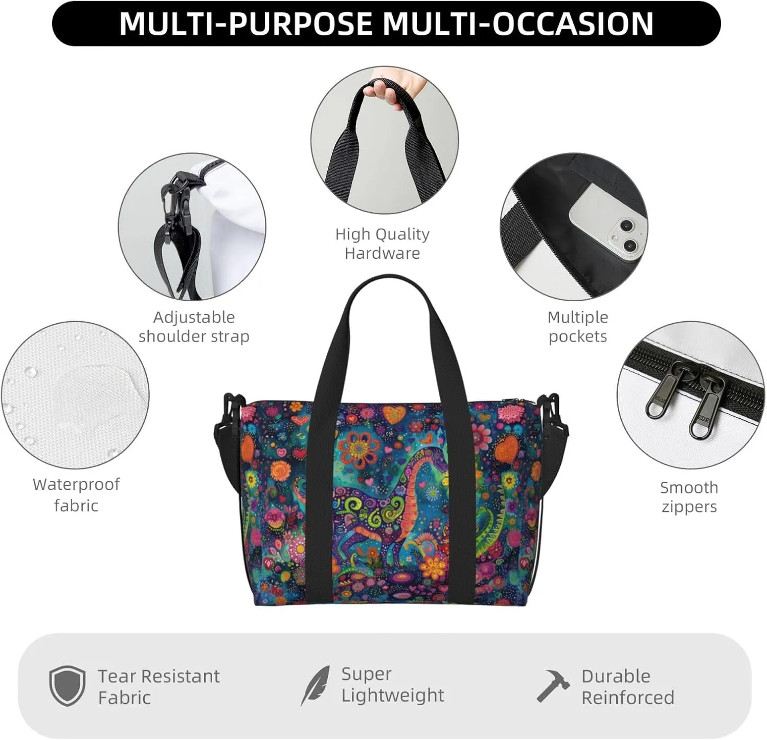 Plesiosaurus print Travel Duffel Bag, Sports Tote Gym Bag, Swim Pool Bag Large Shoulder Tote Bag for Beach Weekender