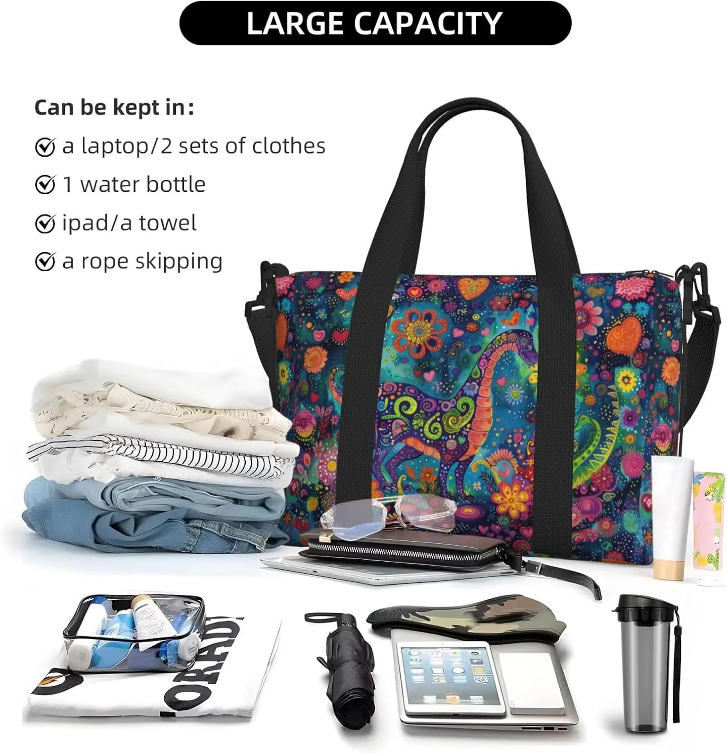 Plesiosaurus print Travel Duffel Bag, Sports Tote Gym Bag, Swim Pool Bag Large Shoulder Tote Bag for Beach Weekender