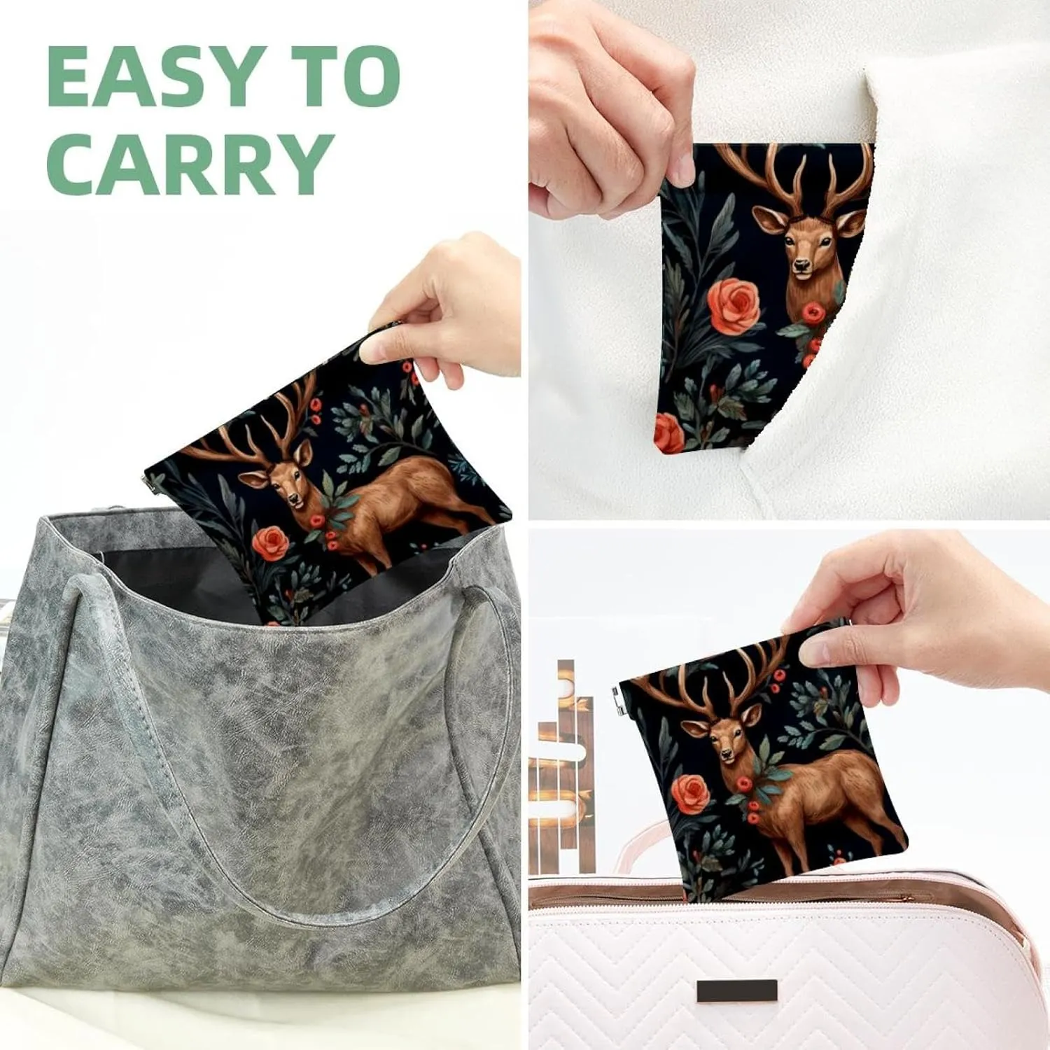 Pocket Cosmetic Bag Squeeze Top, Cute Christmas Elk-1877 Waterproof Travel Makeup Bag for Purse, Portable Mini Makeup Pouch No Zipper for Women