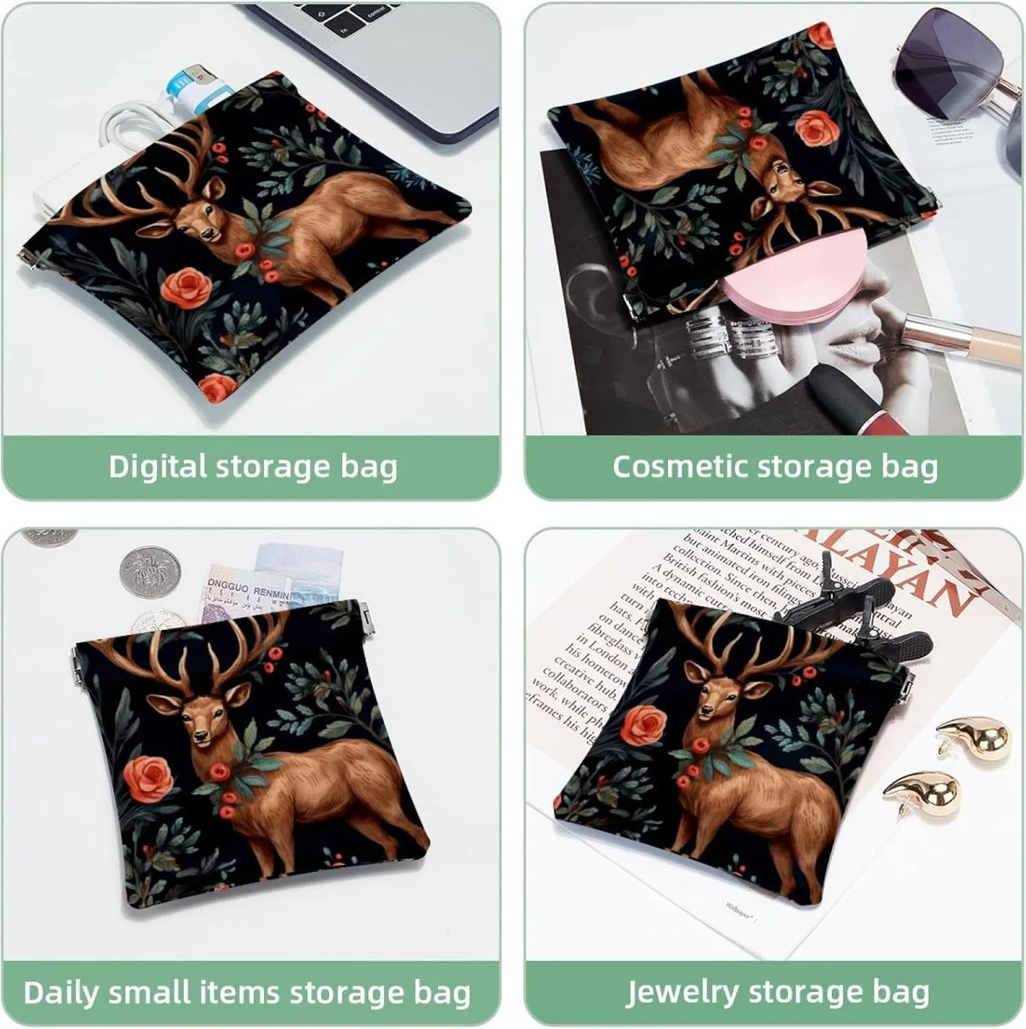 Pocket Cosmetic Bag Squeeze Top, Cute Christmas Elk-1877 Waterproof Travel Makeup Bag for Purse, Portable Mini Makeup Pouch No Zipper for Women