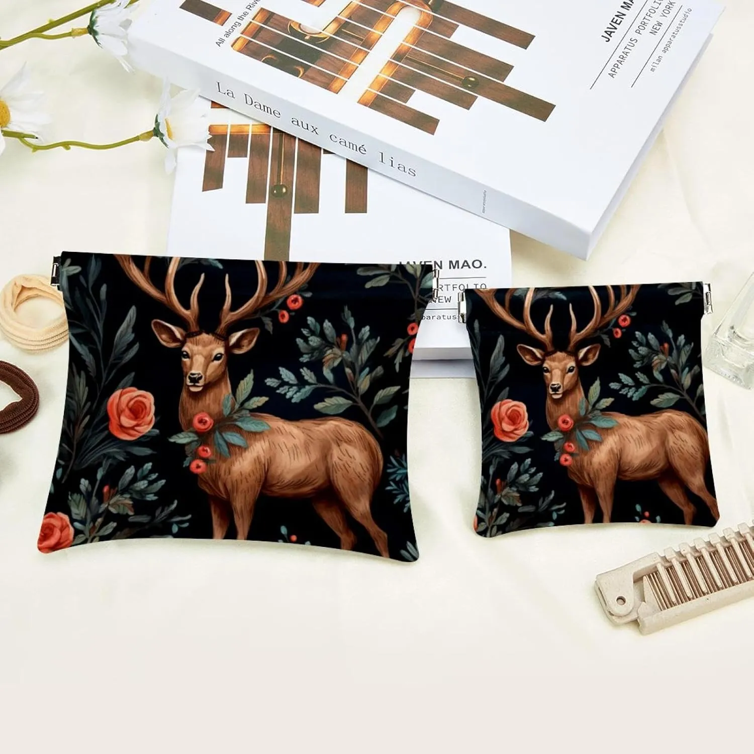 Pocket Cosmetic Bag Squeeze Top, Cute Christmas Elk-1877 Waterproof Travel Makeup Bag for Purse, Portable Mini Makeup Pouch No Zipper for Women