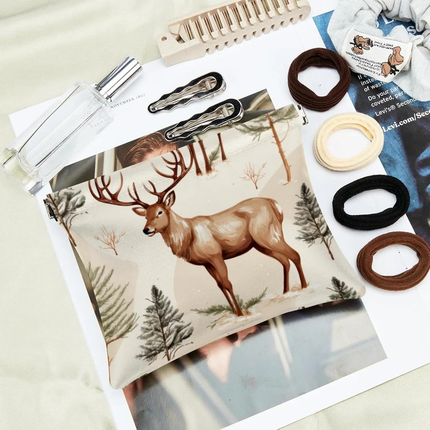 Pocket Cosmetic Bag Squeeze Top, Cute Christmas Elk-1881 Waterproof Travel Makeup Bag for Purse, Portable Mini Makeup Pouch No Zipper for Women