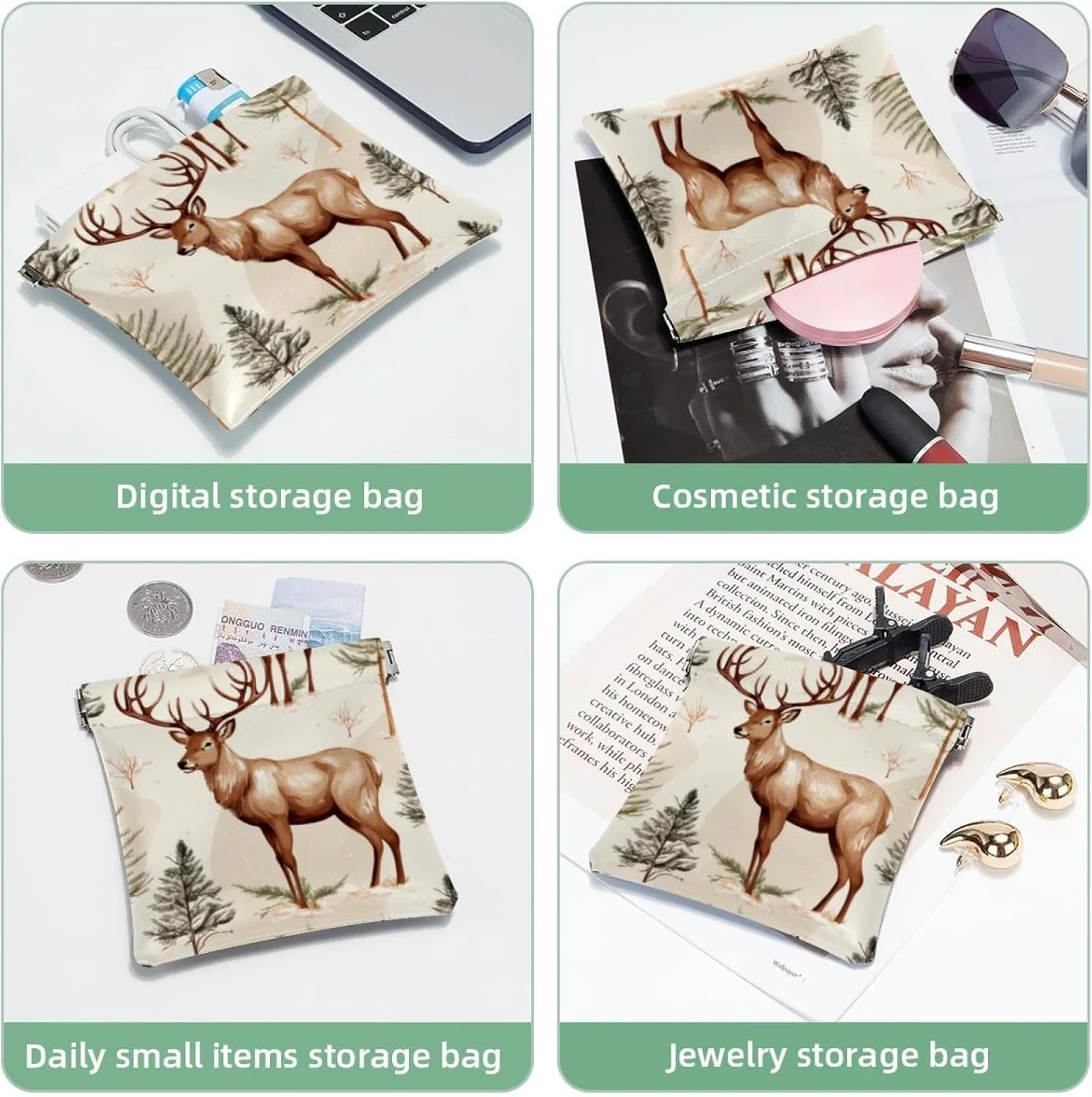 Pocket Cosmetic Bag Squeeze Top, Cute Christmas Elk-1881 Waterproof Travel Makeup Bag for Purse, Portable Mini Makeup Pouch No Zipper for Women