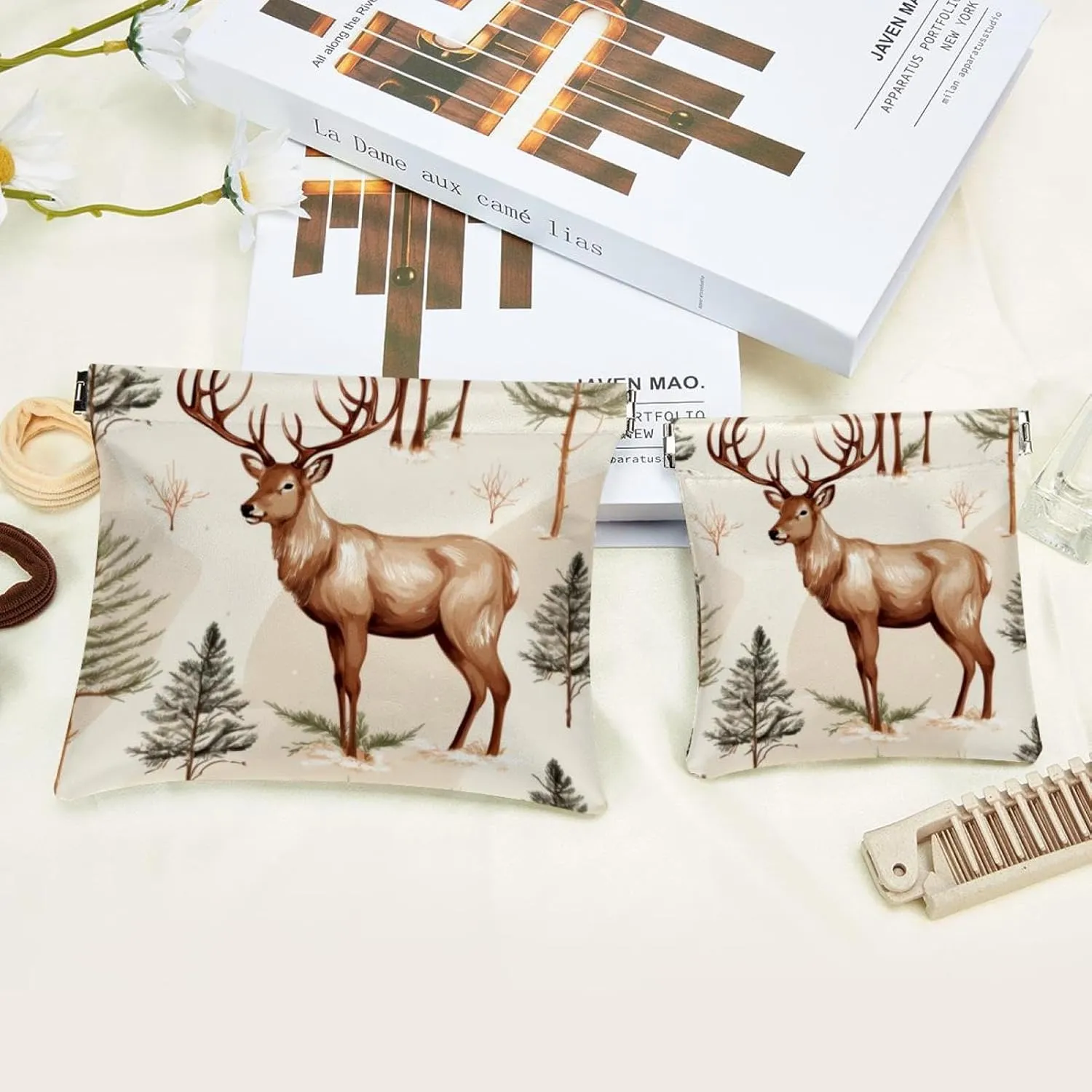 Pocket Cosmetic Bag Squeeze Top, Cute Christmas Elk-1881 Waterproof Travel Makeup Bag for Purse, Portable Mini Makeup Pouch No Zipper for Women