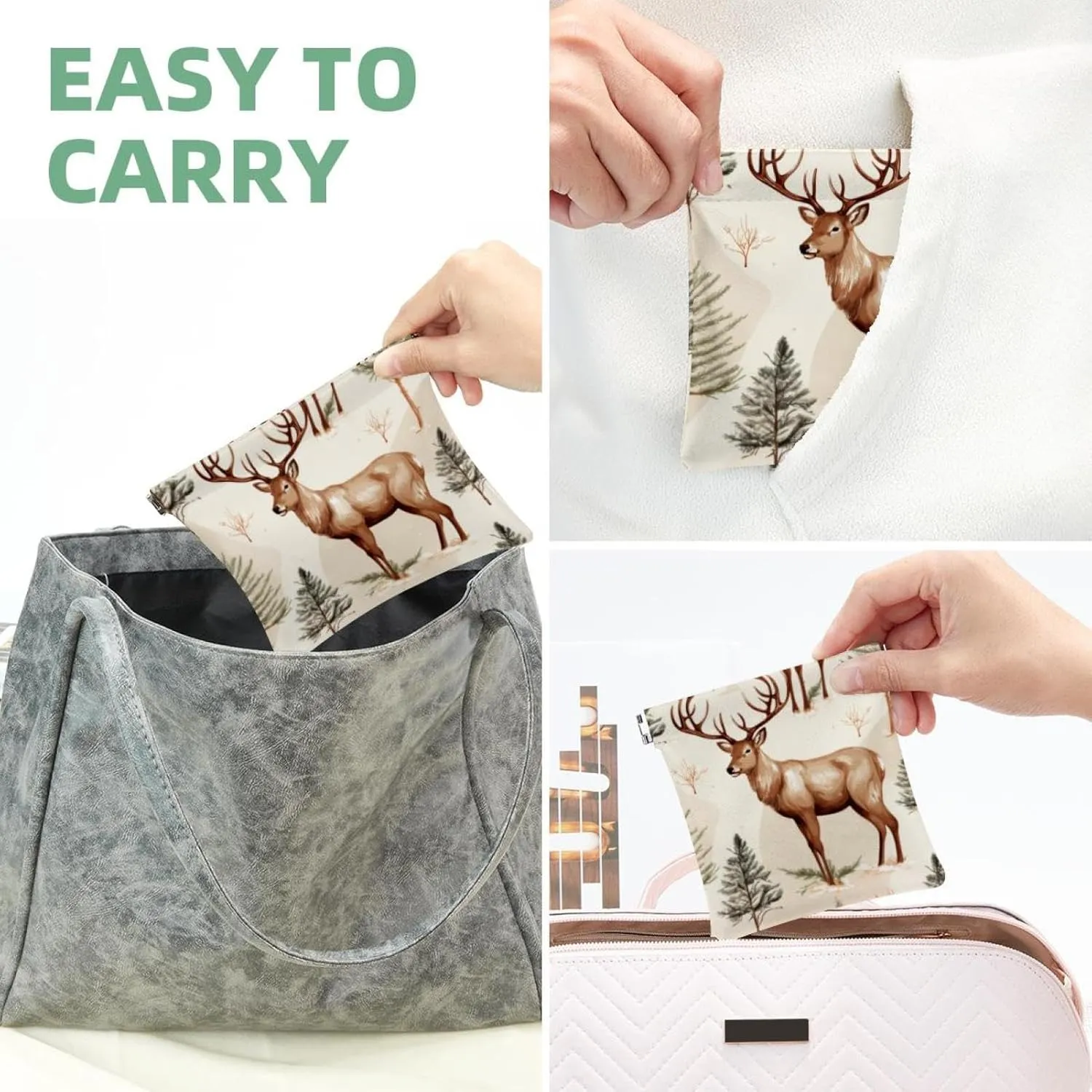 Pocket Cosmetic Bag Squeeze Top, Cute Christmas Elk-1881 Waterproof Travel Makeup Bag for Purse, Portable Mini Makeup Pouch No Zipper for Women
