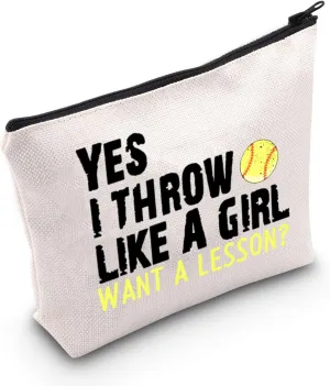 POFULL Softball Player Gift Softball Team Gift Yes I Throw Like A Want A Lesson Softball Cosmetic Bag (I Throw Like A Girl Want A Lesson bag)