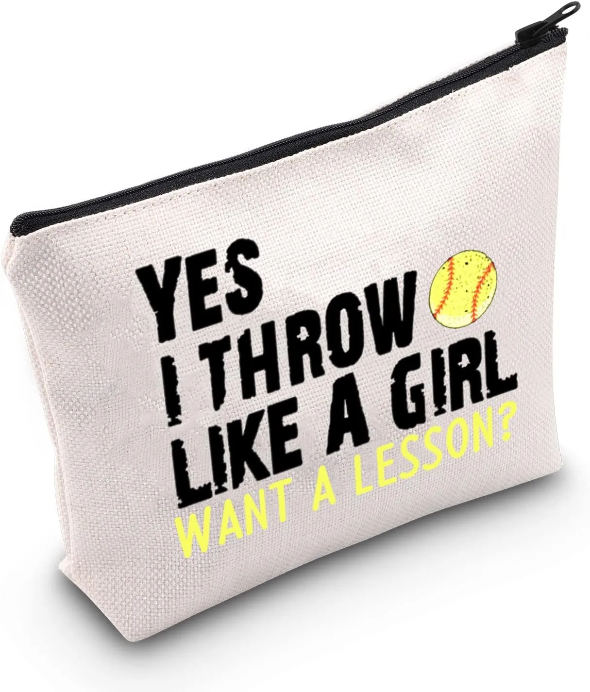 POFULL Softball Player Gift Softball Team Gift Yes I Throw Like A Want A Lesson Softball Cosmetic Bag (I Throw Like A Girl Want A Lesson bag)