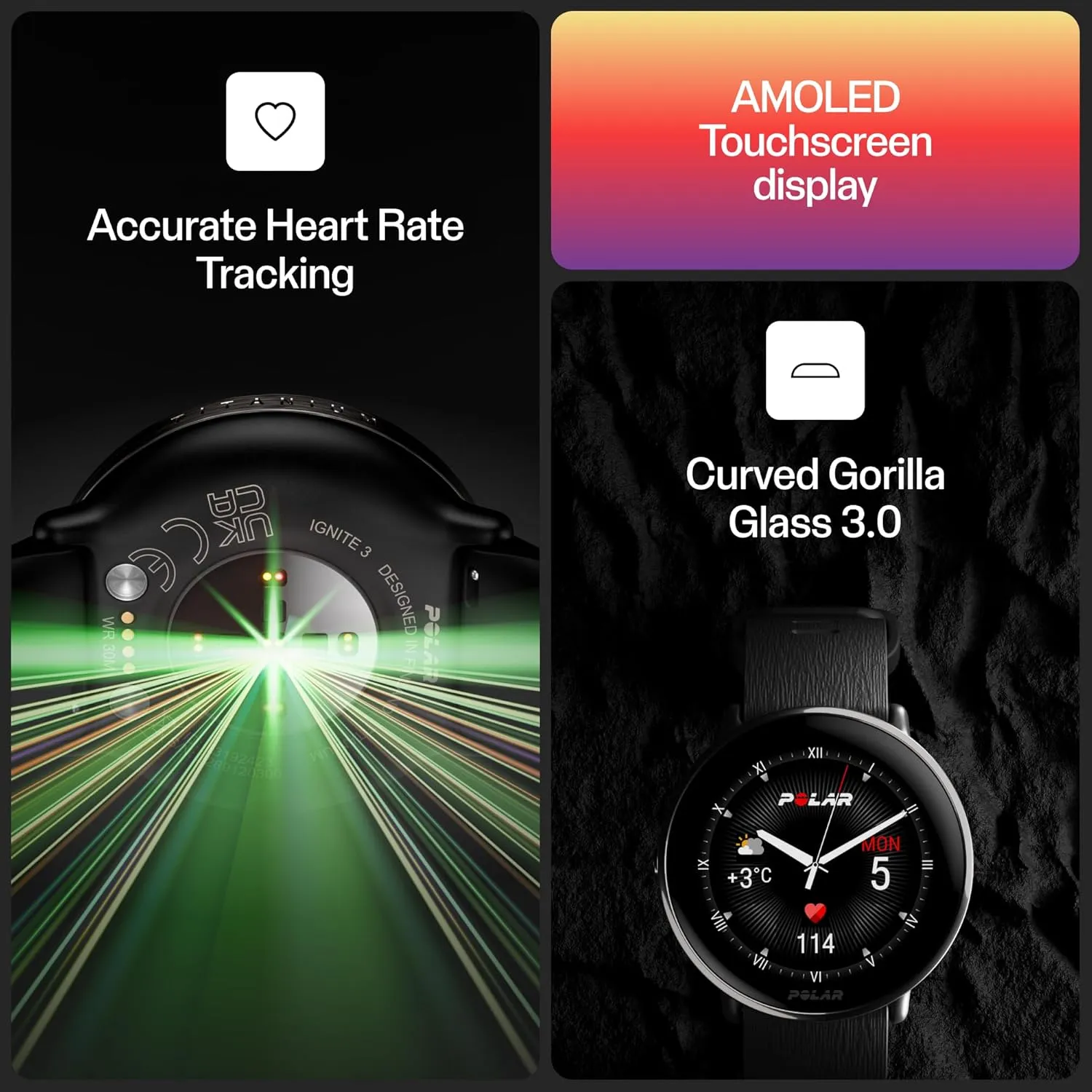 POLAR Ignite 3 Series Titanium Fitness Tracking Smartwatch with AMOLED Display, GPS, Heart Rate Monitoring, Sleep Analysis, and Real-Time Voice Guidance; S-L, for Men or Women, Black Titanium