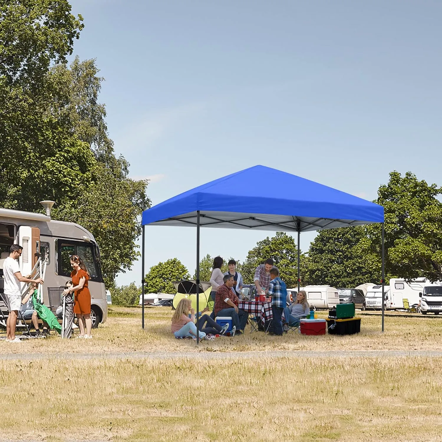 Pop up Canopy Tent 10x10 for Backyard Outdoor Portable Easy with Wheeled Carry Bags,4Ropes and Stakes and 4 sandbags,Blue
