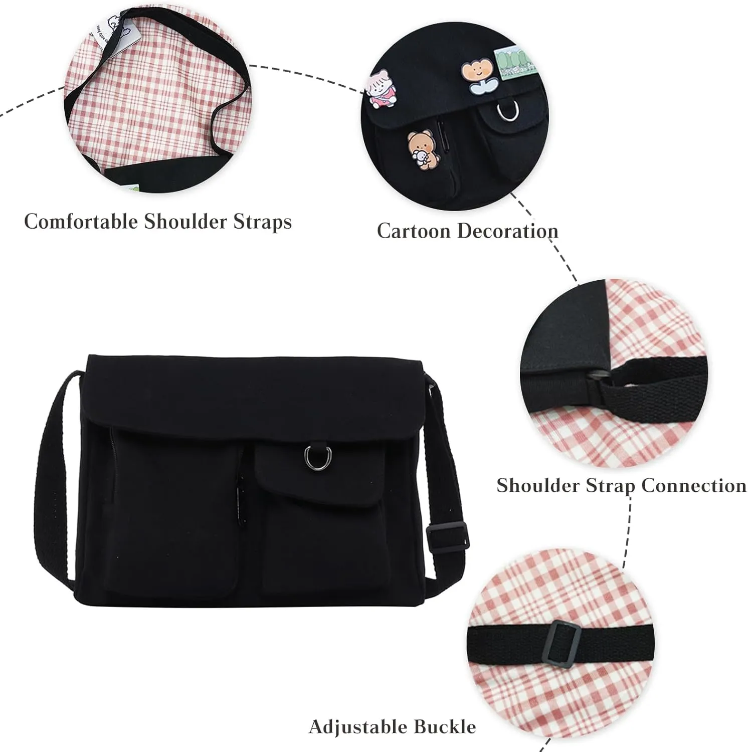 PORRASSO Casual Crossbody Bag Women Canvas Shoulder Bag Satchel Ladies Messenger Bag for Travel Daily Use White