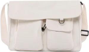 PORRASSO Casual Crossbody Bag Women Canvas Shoulder Bag Satchel Ladies Messenger Bag for Travel Daily Use White