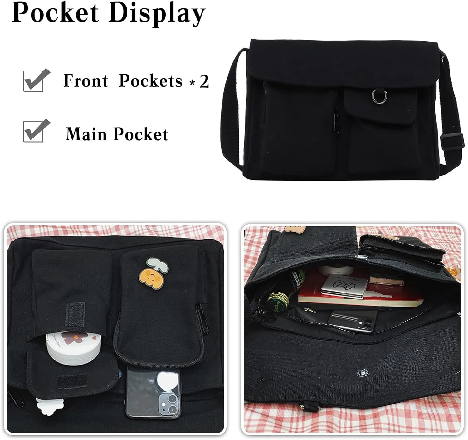 PORRASSO Casual Crossbody Bag Women Canvas Shoulder Bag Satchel Ladies Messenger Bag for Travel Daily Use White