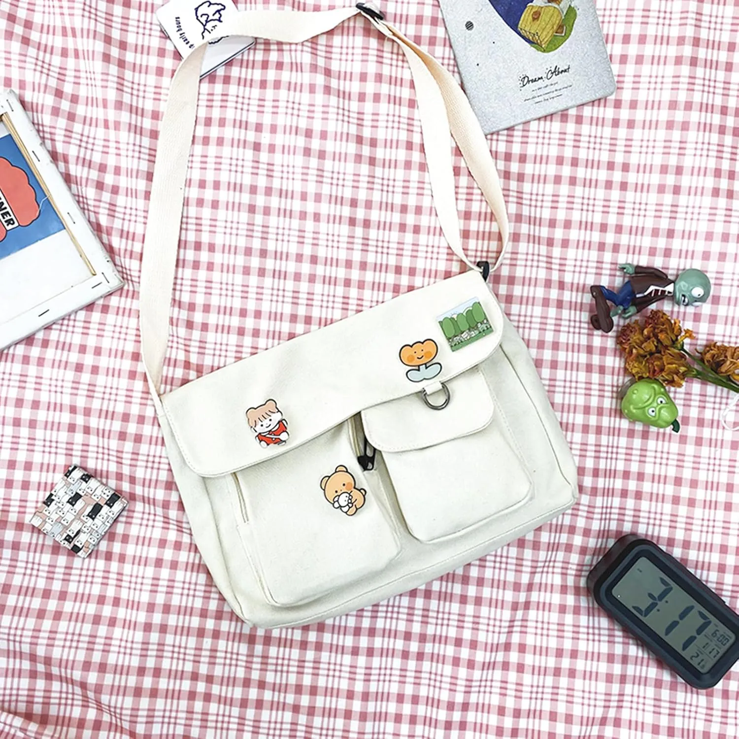PORRASSO Casual Crossbody Bag Women Canvas Shoulder Bag Satchel Ladies Messenger Bag for Travel Daily Use White