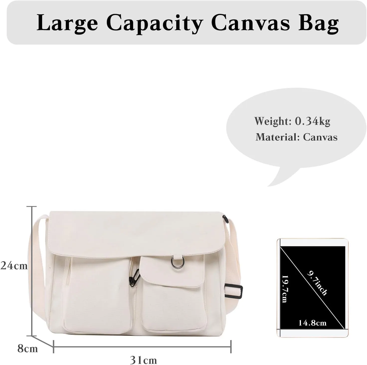 PORRASSO Casual Crossbody Bag Women Canvas Shoulder Bag Satchel Ladies Messenger Bag for Travel Daily Use White
