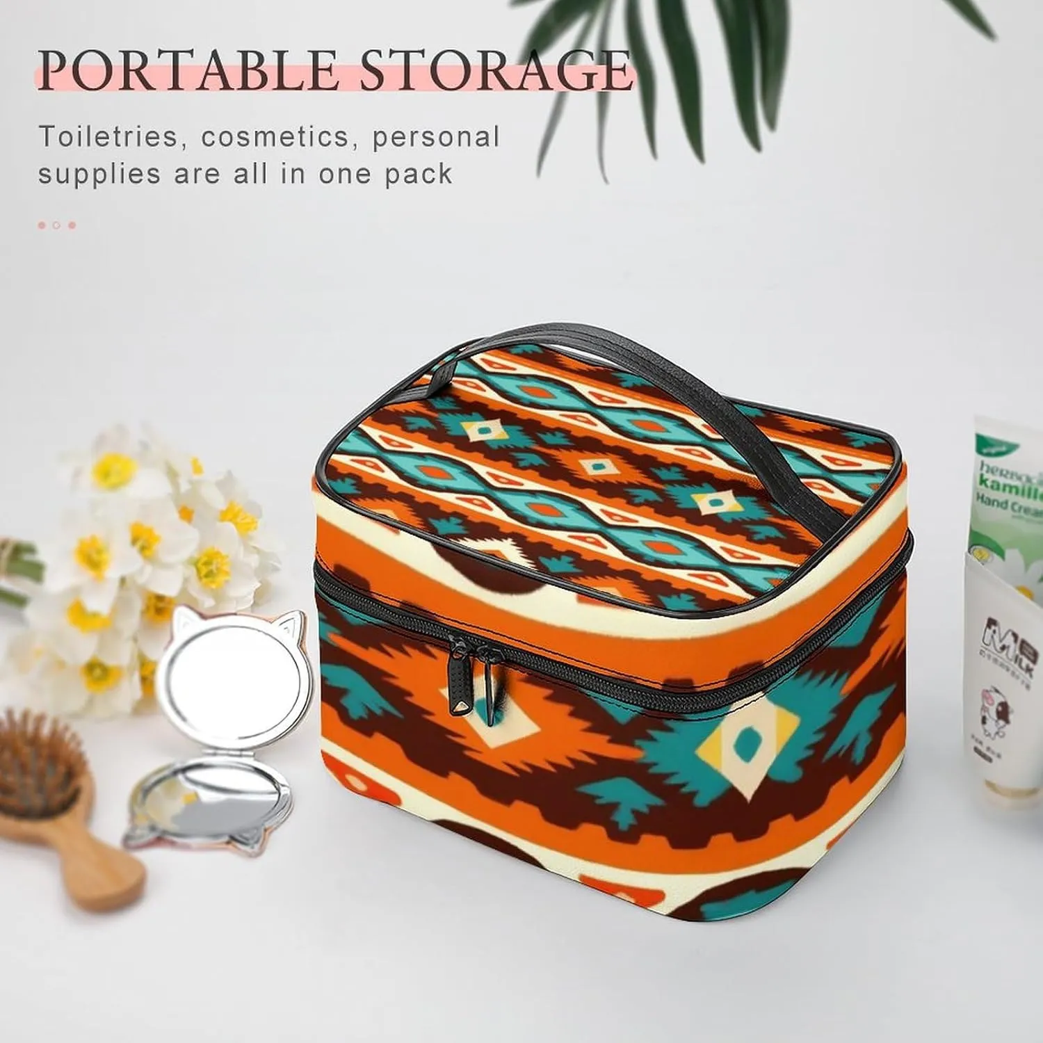 Portable Large Makeup Organizer Case for Women, Tribal Navajo Indiana Western Southwest Ethnic Toiletry Brushes Storage Bag Travel Cosmetic Accessories