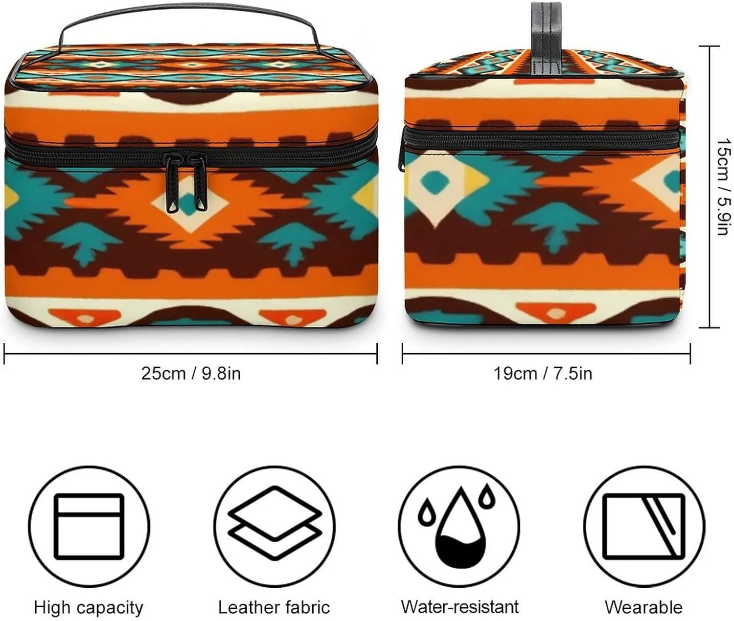 Portable Large Makeup Organizer Case for Women, Tribal Navajo Indiana Western Southwest Ethnic Toiletry Brushes Storage Bag Travel Cosmetic Accessories