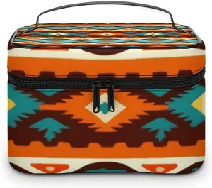Portable Large Makeup Organizer Case for Women, Tribal Navajo Indiana Western Southwest Ethnic Toiletry Brushes Storage Bag Travel Cosmetic Accessories