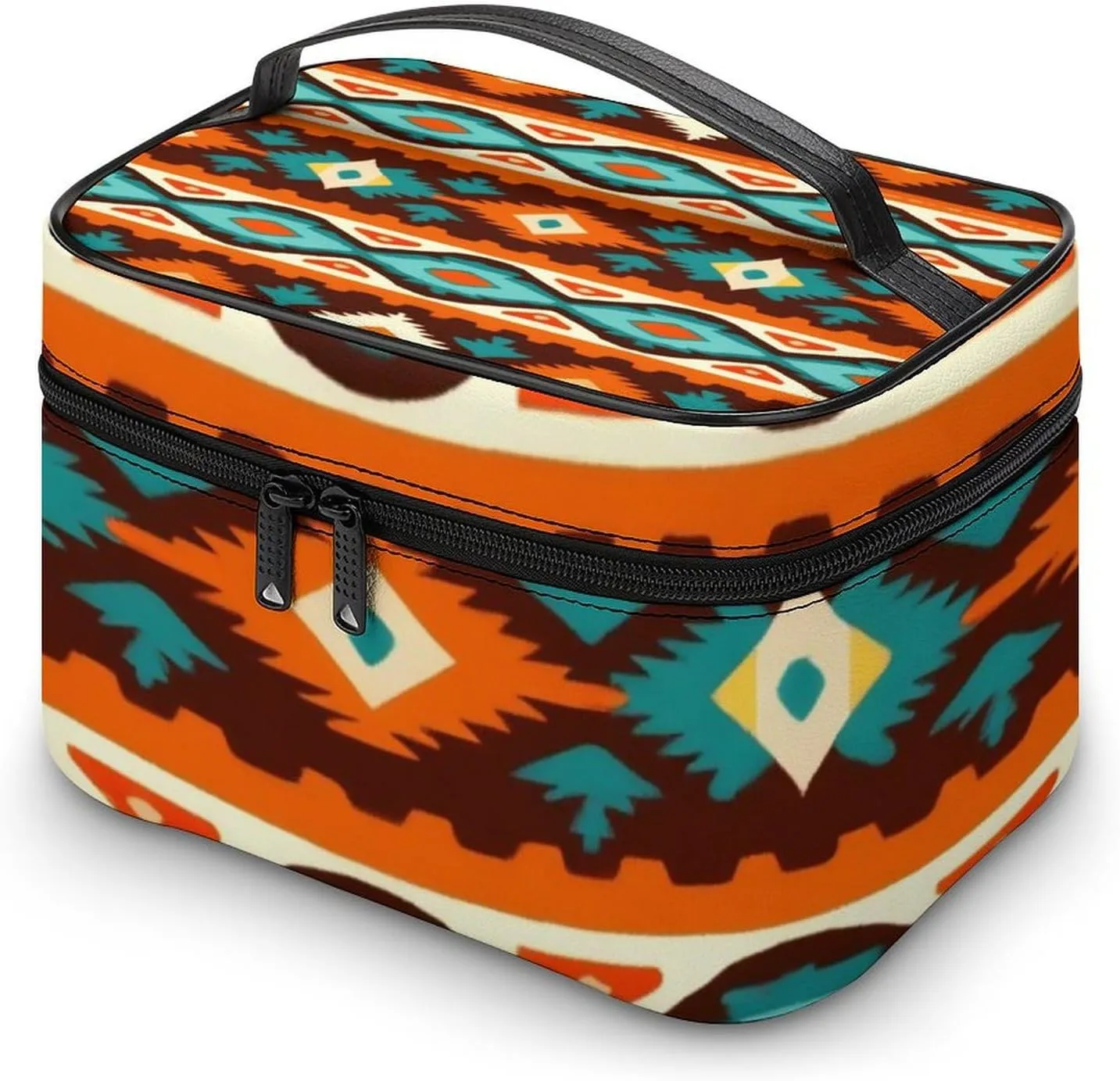 Portable Large Makeup Organizer Case for Women, Tribal Navajo Indiana Western Southwest Ethnic Toiletry Brushes Storage Bag Travel Cosmetic Accessories