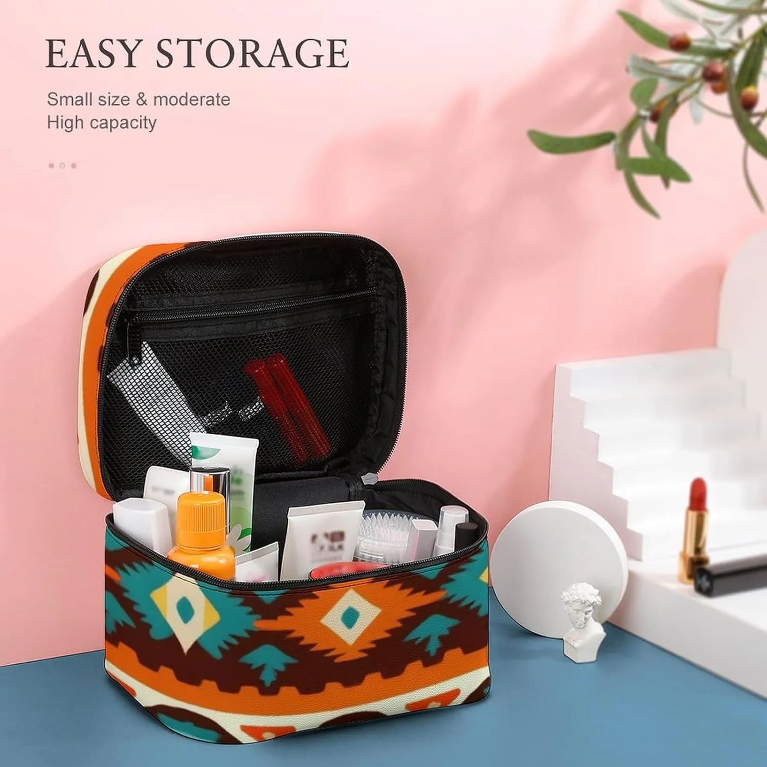 Portable Large Makeup Organizer Case for Women, Tribal Navajo Indiana Western Southwest Ethnic Toiletry Brushes Storage Bag Travel Cosmetic Accessories