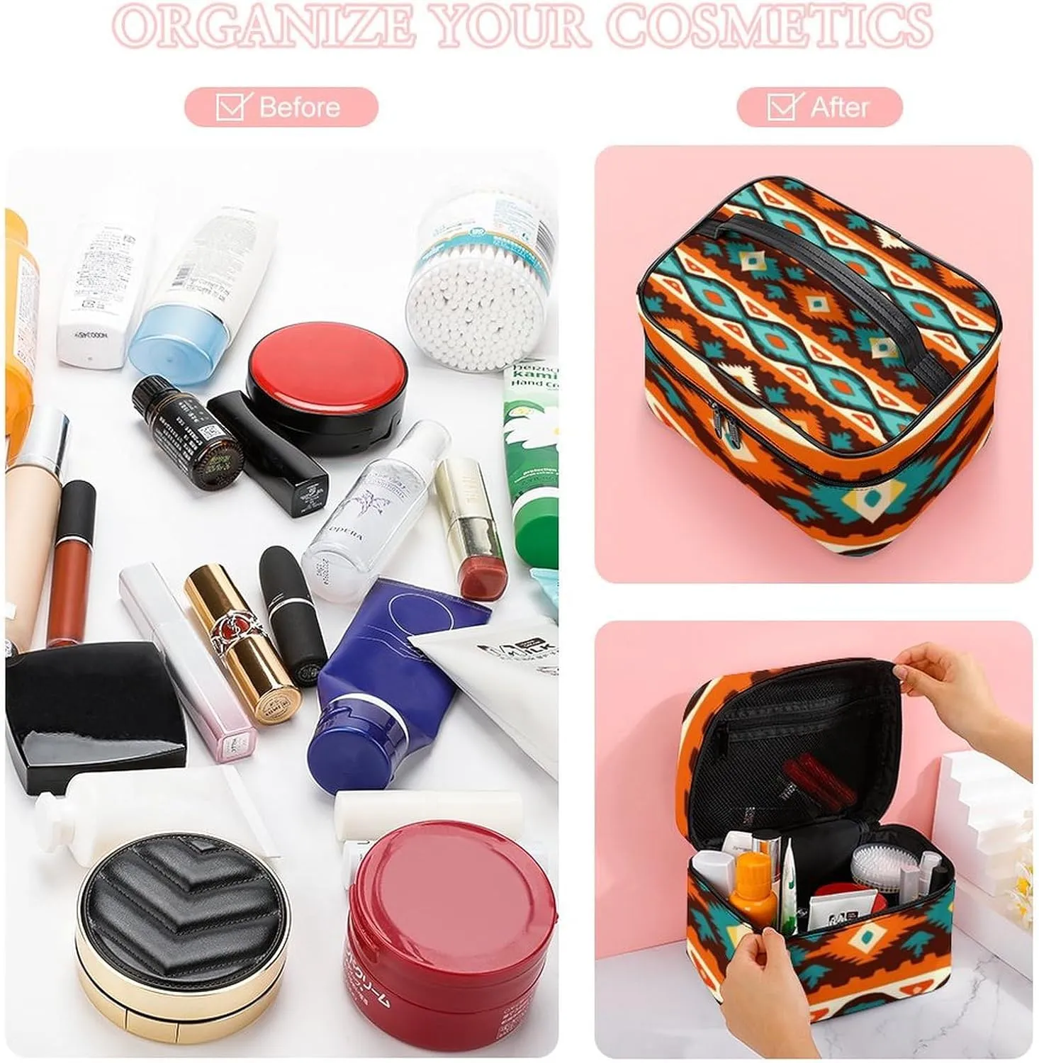 Portable Large Makeup Organizer Case for Women, Tribal Navajo Indiana Western Southwest Ethnic Toiletry Brushes Storage Bag Travel Cosmetic Accessories