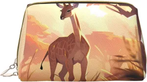 Portable Leather Makeup Bag for Women - Travel Cosmetic Organizer, Large African savannah giraffe calf Print Makeup Pouch