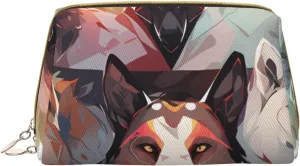 Portable Leather Makeup Bag for Women - Travel Cosmetic Organizer, Large Wolves and Reindeer Print Makeup Pouch