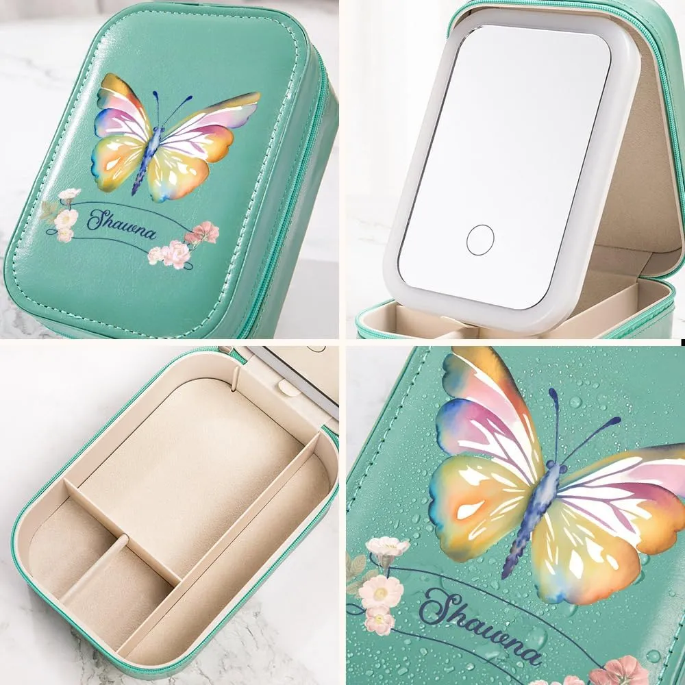 Portable LED Lighted Makeup Mirror & Cosmetic Organizer - Adjustable Travel Bag with Dividers - Personalized Large, Waterproof, Butterfly Design Case - Gifts for Women for Birthdays