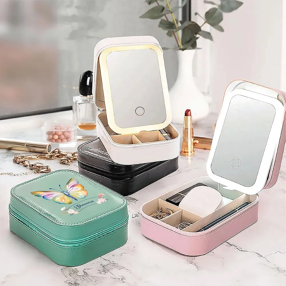 Portable LED Lighted Makeup Mirror & Cosmetic Organizer - Adjustable Travel Bag with Dividers - Personalized Large, Waterproof, Butterfly Design Case - Gifts for Women for Birthdays