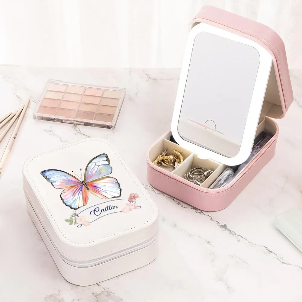 Portable LED Lighted Makeup Mirror & Cosmetic Organizer - Adjustable Travel Bag with Dividers - Personalized Large, Waterproof, Butterfly Design Case - Gifts for Women for Birthdays