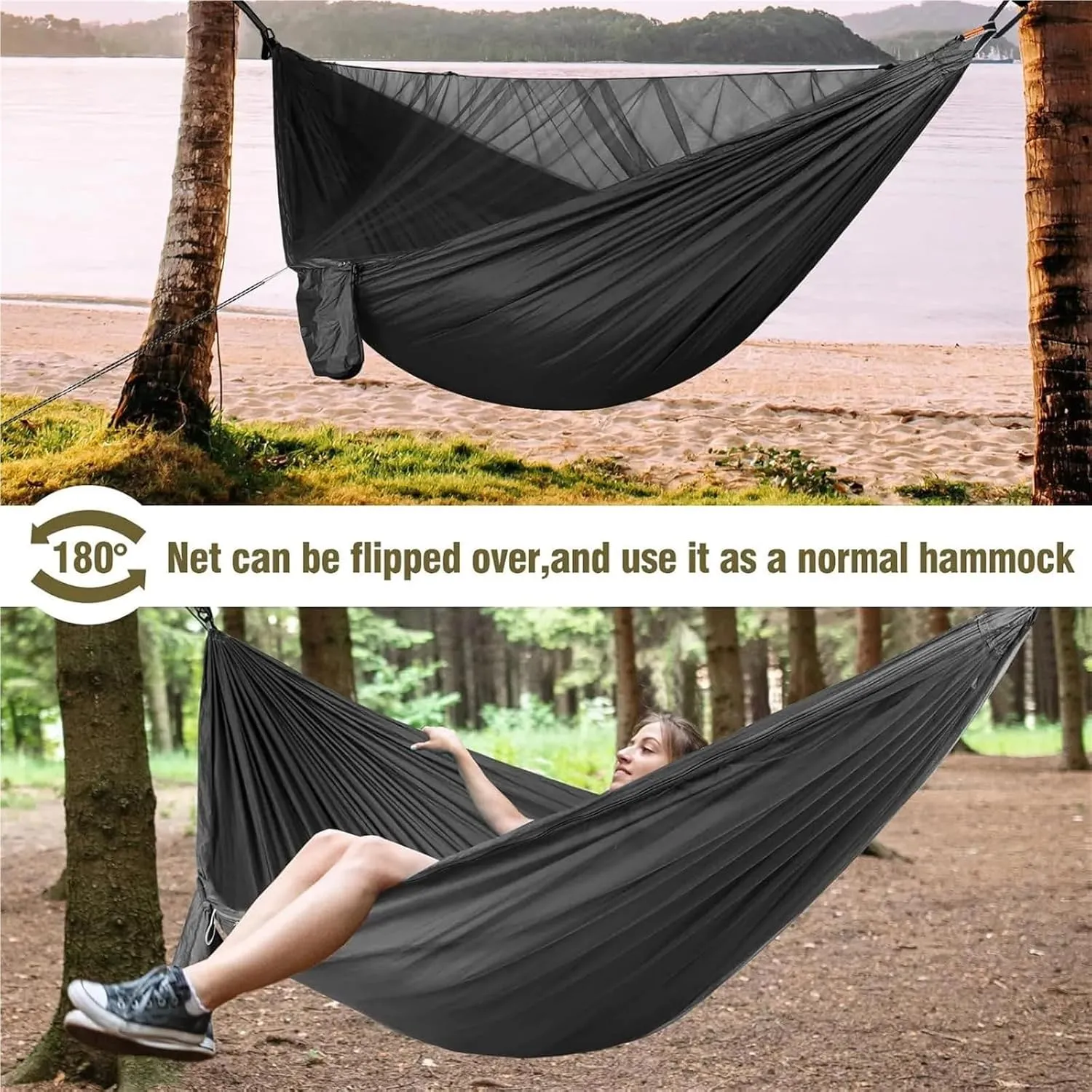 Portable Quick Setup Hammock with Mosquito Net Travel Outdoor Camping Hammock Hanging Sleeping Swing Bed Mosquito Net(Black)