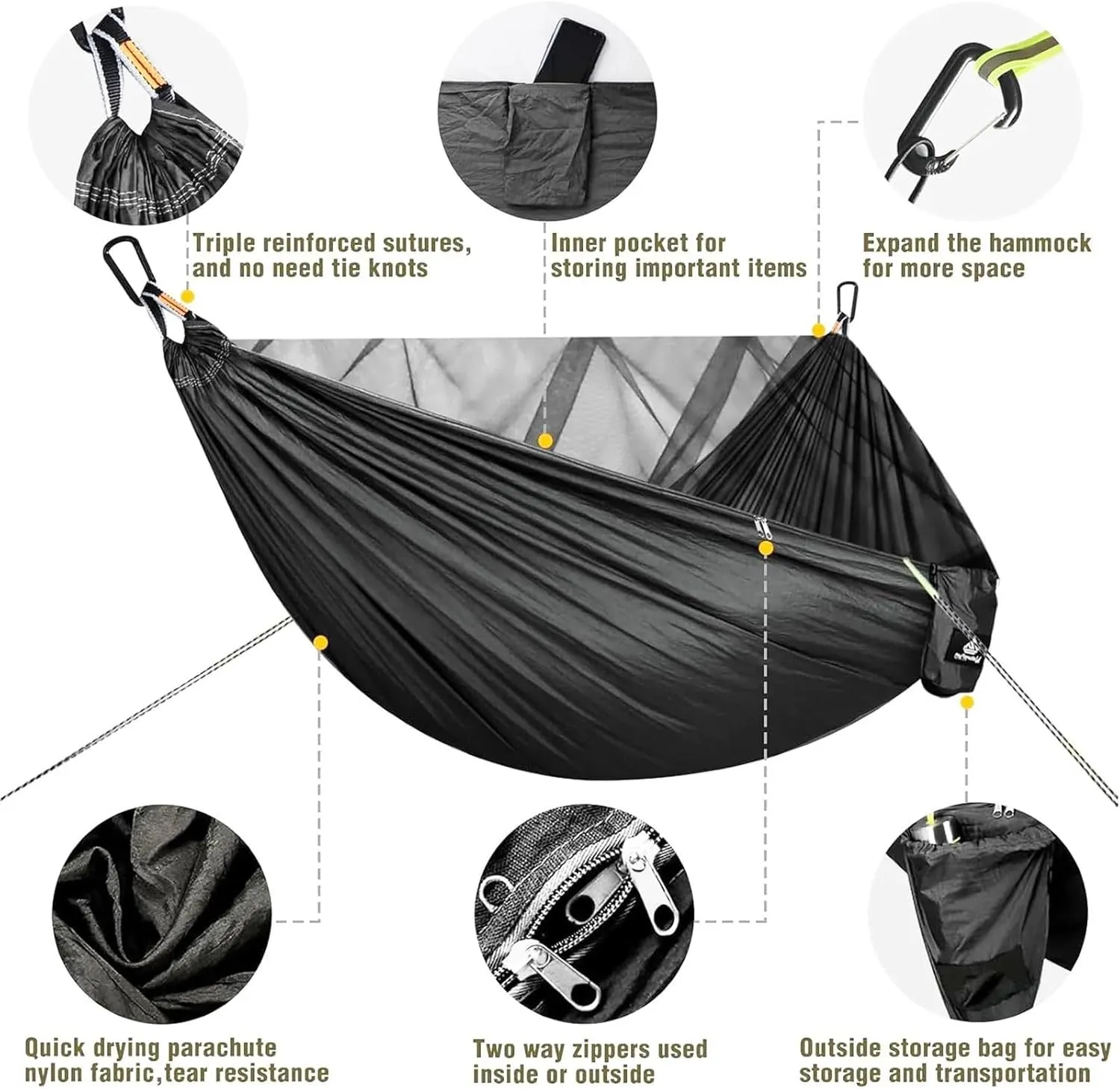 Portable Quick Setup Hammock with Mosquito Net Travel Outdoor Camping Hammock Hanging Sleeping Swing Bed Mosquito Net(Black)