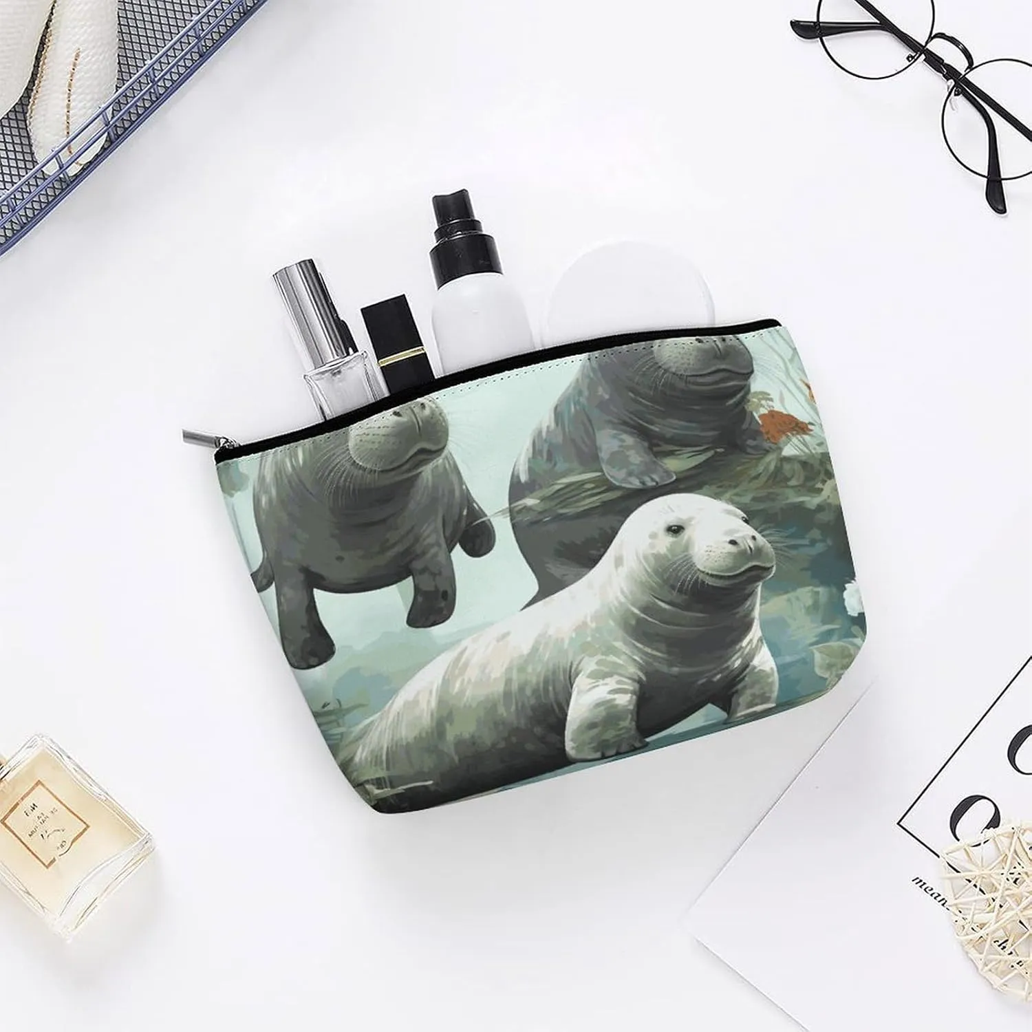 Portable Small Cosmetic Bag Cute Travel Makeup Bag Rabbits Manatees Waterproof Toiletry Bag for Women