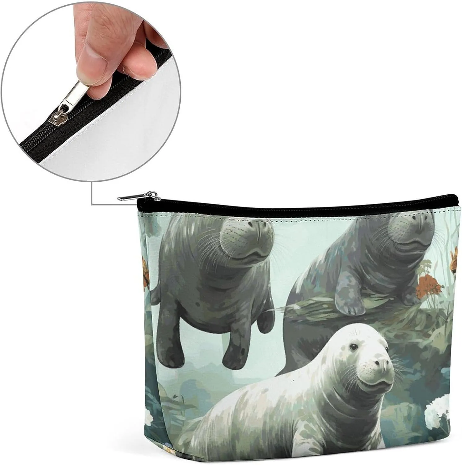 Portable Small Cosmetic Bag Cute Travel Makeup Bag Rabbits Manatees Waterproof Toiletry Bag for Women