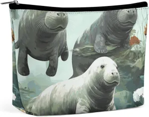 Portable Small Cosmetic Bag Cute Travel Makeup Bag Rabbits Manatees Waterproof Toiletry Bag for Women
