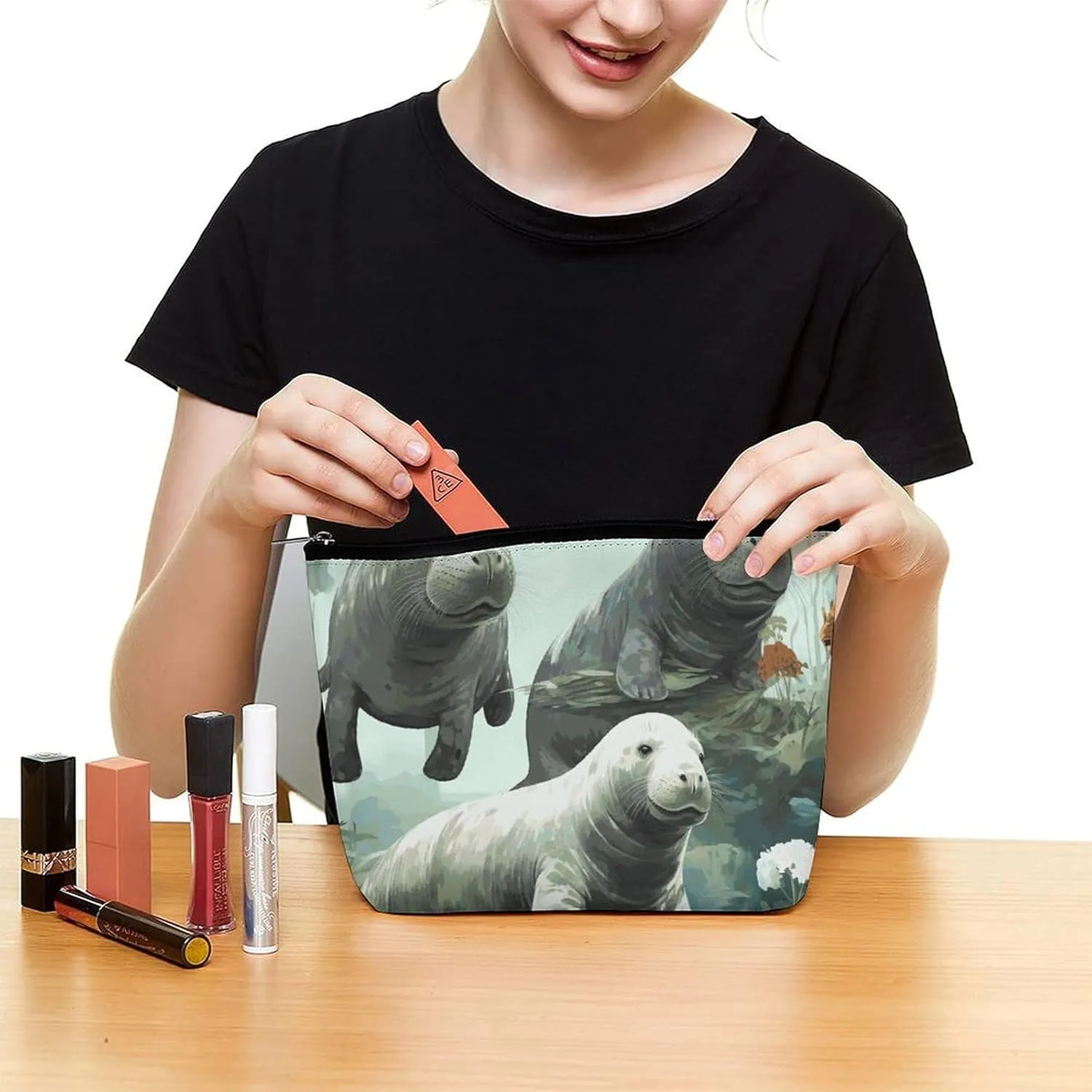 Portable Small Cosmetic Bag Cute Travel Makeup Bag Rabbits Manatees Waterproof Toiletry Bag for Women