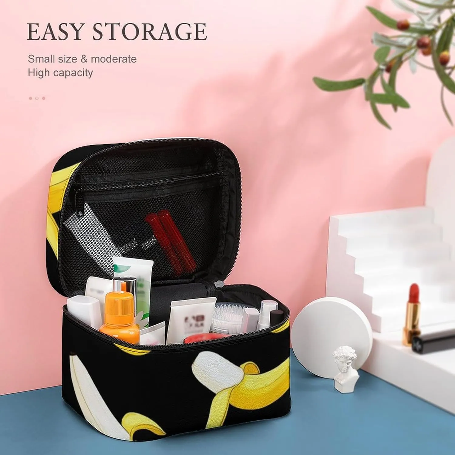 Portable Travel Makeup Bag for Women, Waterproof Toiletry Pouch Yellow Banana Fruit Funny Black Pattern Cosmetic Organizer Storage Case with Handle