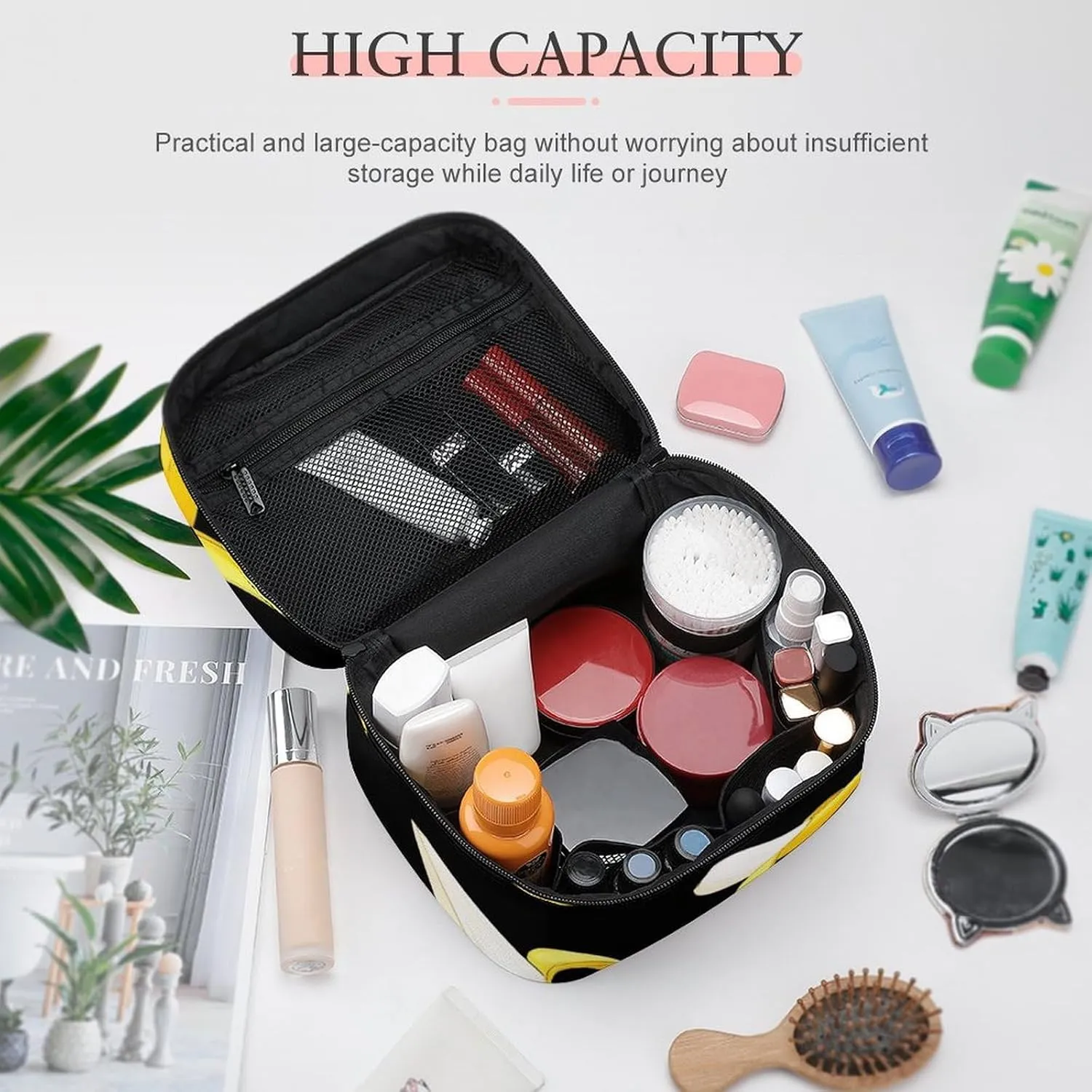 Portable Travel Makeup Bag for Women, Waterproof Toiletry Pouch Yellow Banana Fruit Funny Black Pattern Cosmetic Organizer Storage Case with Handle