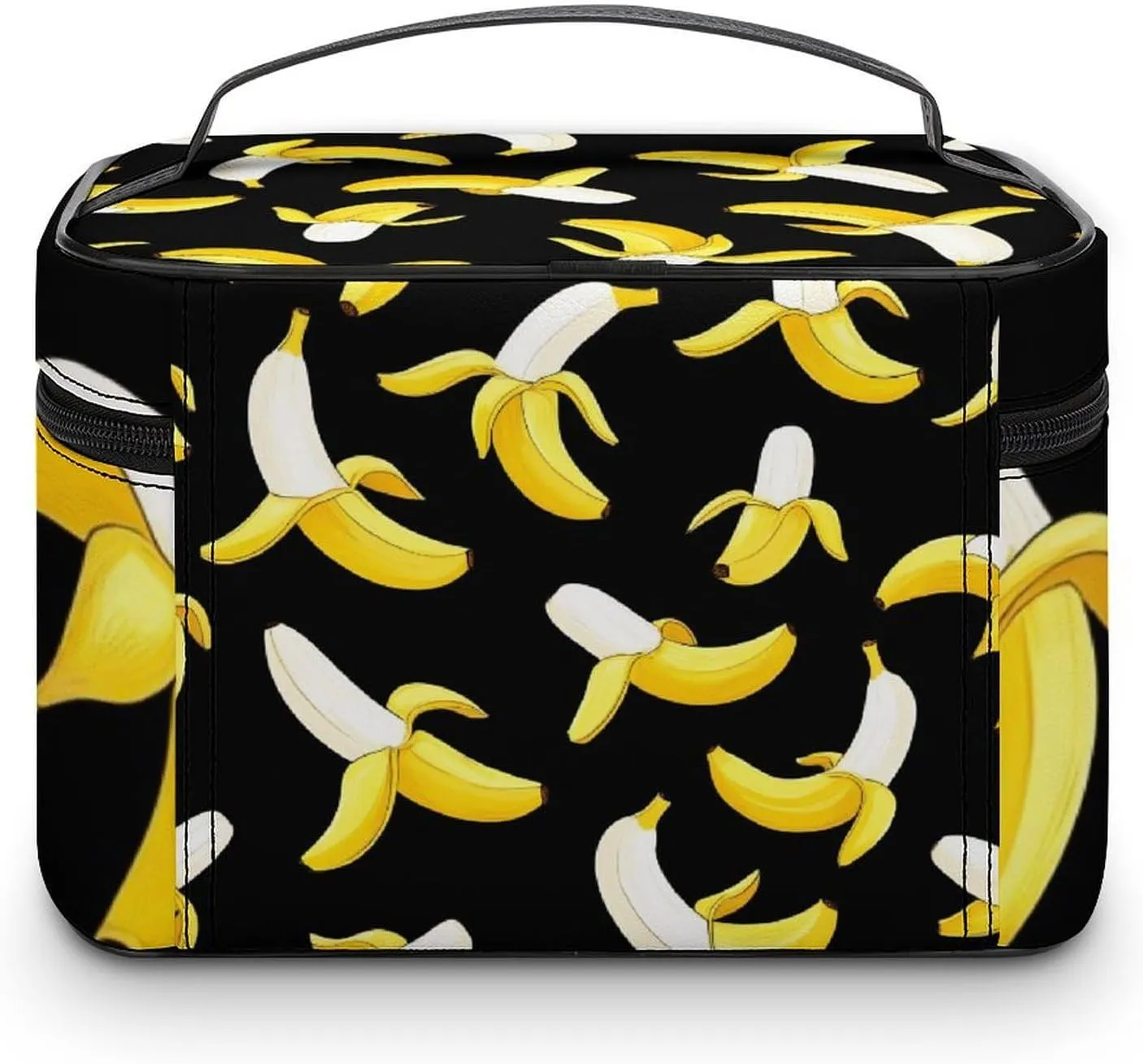 Portable Travel Makeup Bag for Women, Waterproof Toiletry Pouch Yellow Banana Fruit Funny Black Pattern Cosmetic Organizer Storage Case with Handle