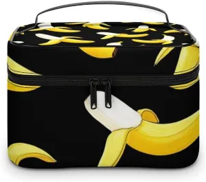 Portable Travel Makeup Bag for Women, Waterproof Toiletry Pouch Yellow Banana Fruit Funny Black Pattern Cosmetic Organizer Storage Case with Handle